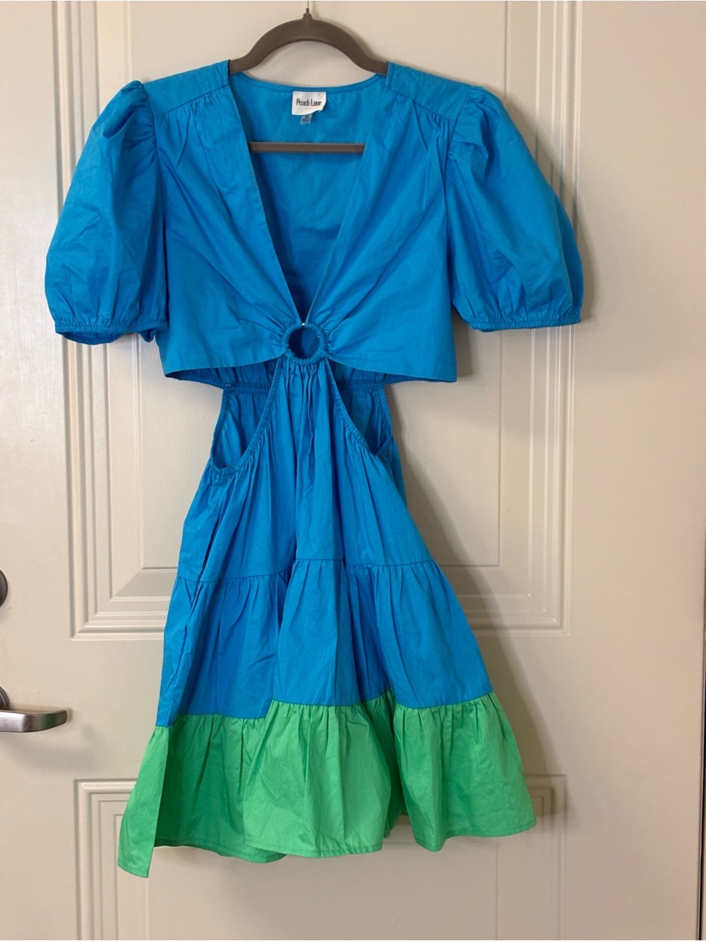 NWOT Peach Love California Blue and Green Tiered Cutout Dress SZ MED